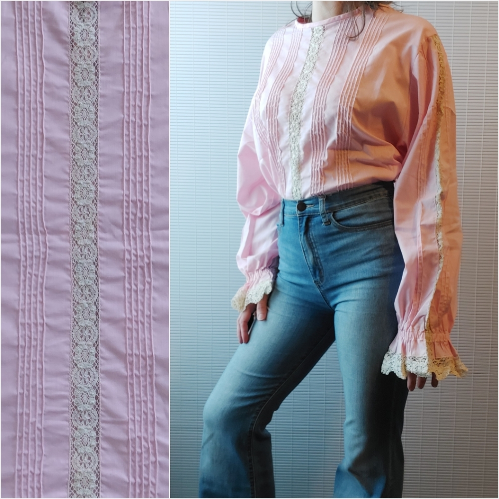Vintage 70s Poet Sleeve Blouse Large Light Pink Peasant Top Lace Trim
